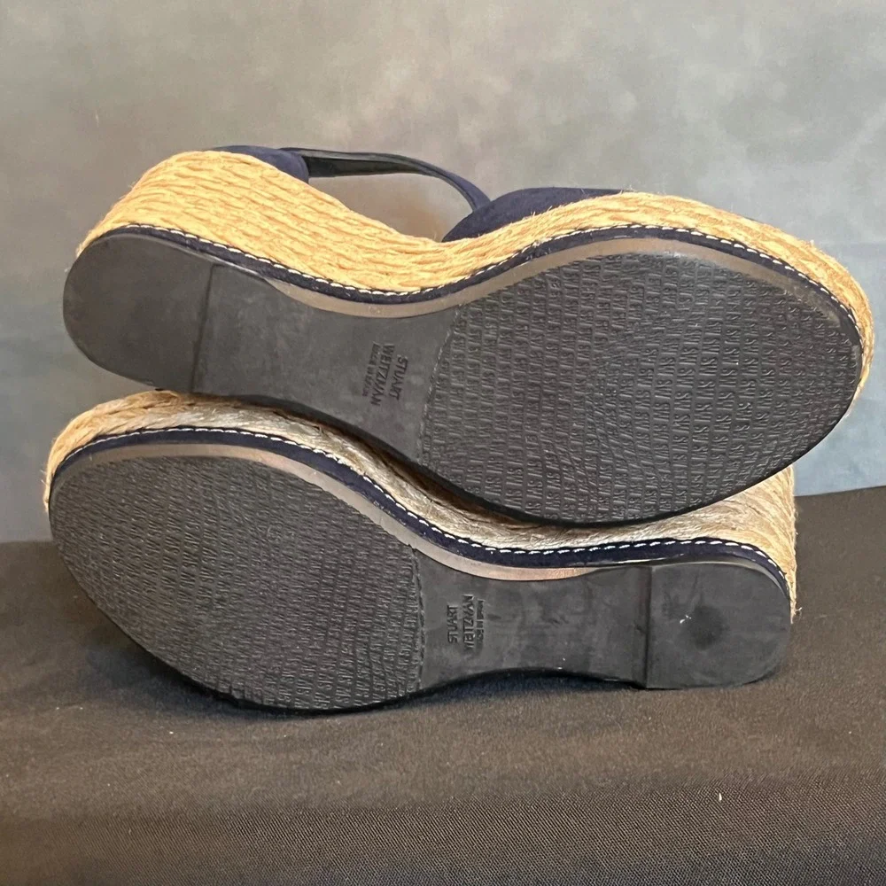 Stuart Weitzman SoHo Jute Navy Suede Espadrille Wedge Sandals Women's Size 6.5‎